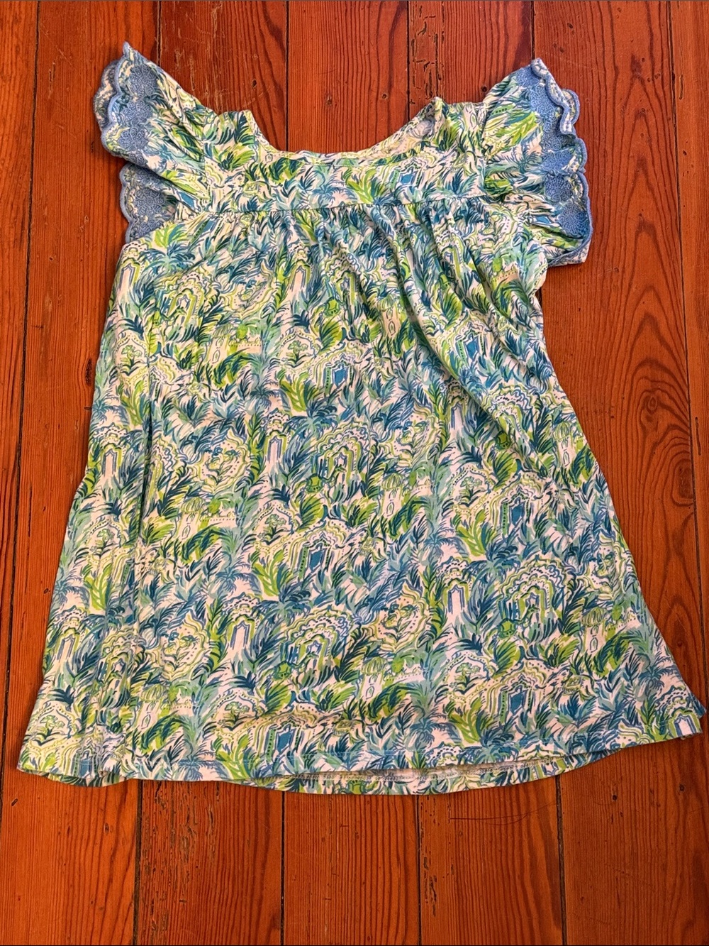Girls Lilly Pulitzer Blue & Green Floral Flutter Sleeve Dress
